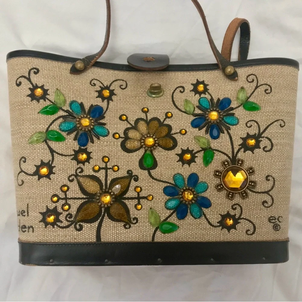 SOLD - Vintage 1960s Signed Enid Collins Canvas Bucket Bag | Jewel Garden - Picture 5 of 9